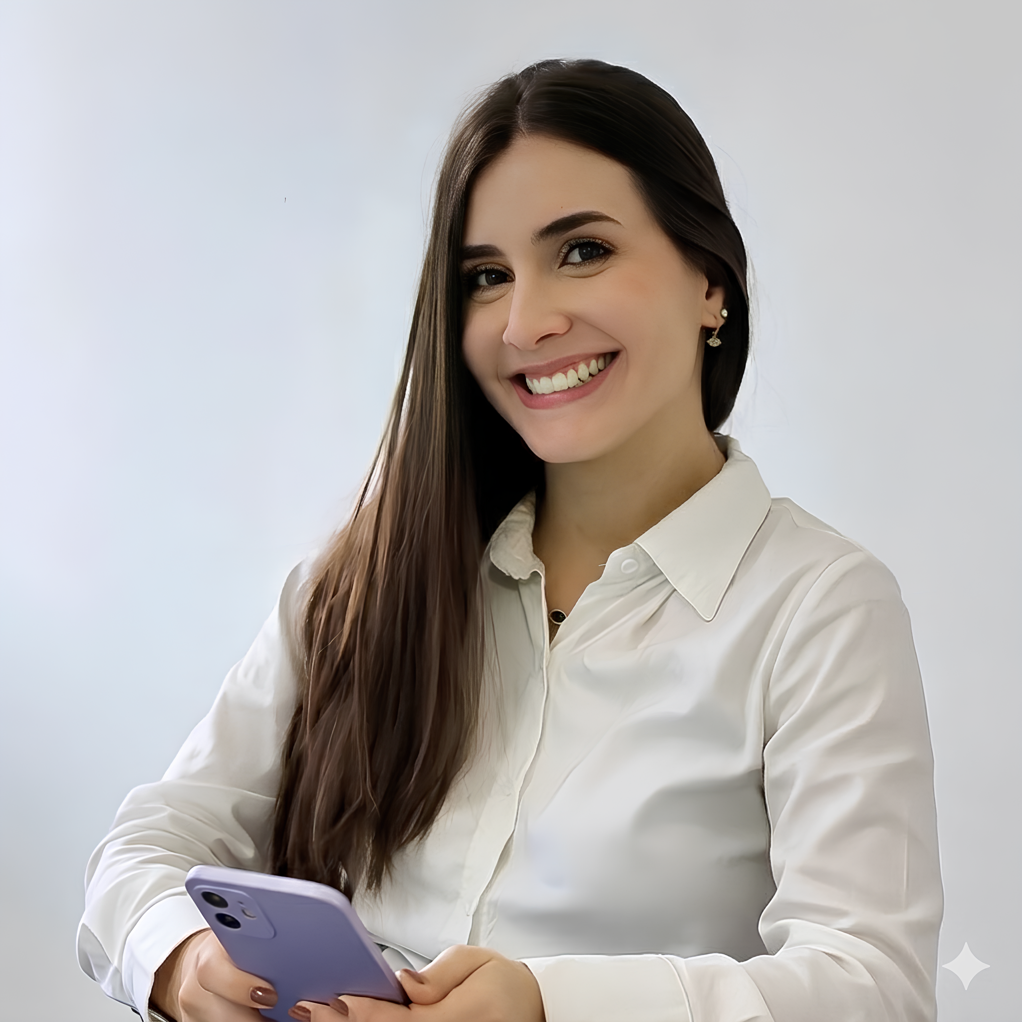 Dra Julya Camargo responsável pela clinica de estetica posando para foto usando um uniforme branco e sorrindo